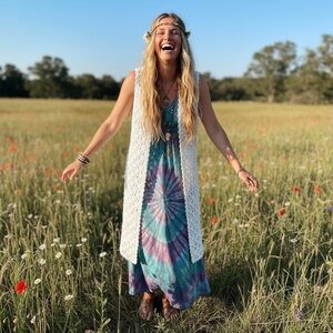 Bohemian White Hand Knit Maxi Vest Small/Medium